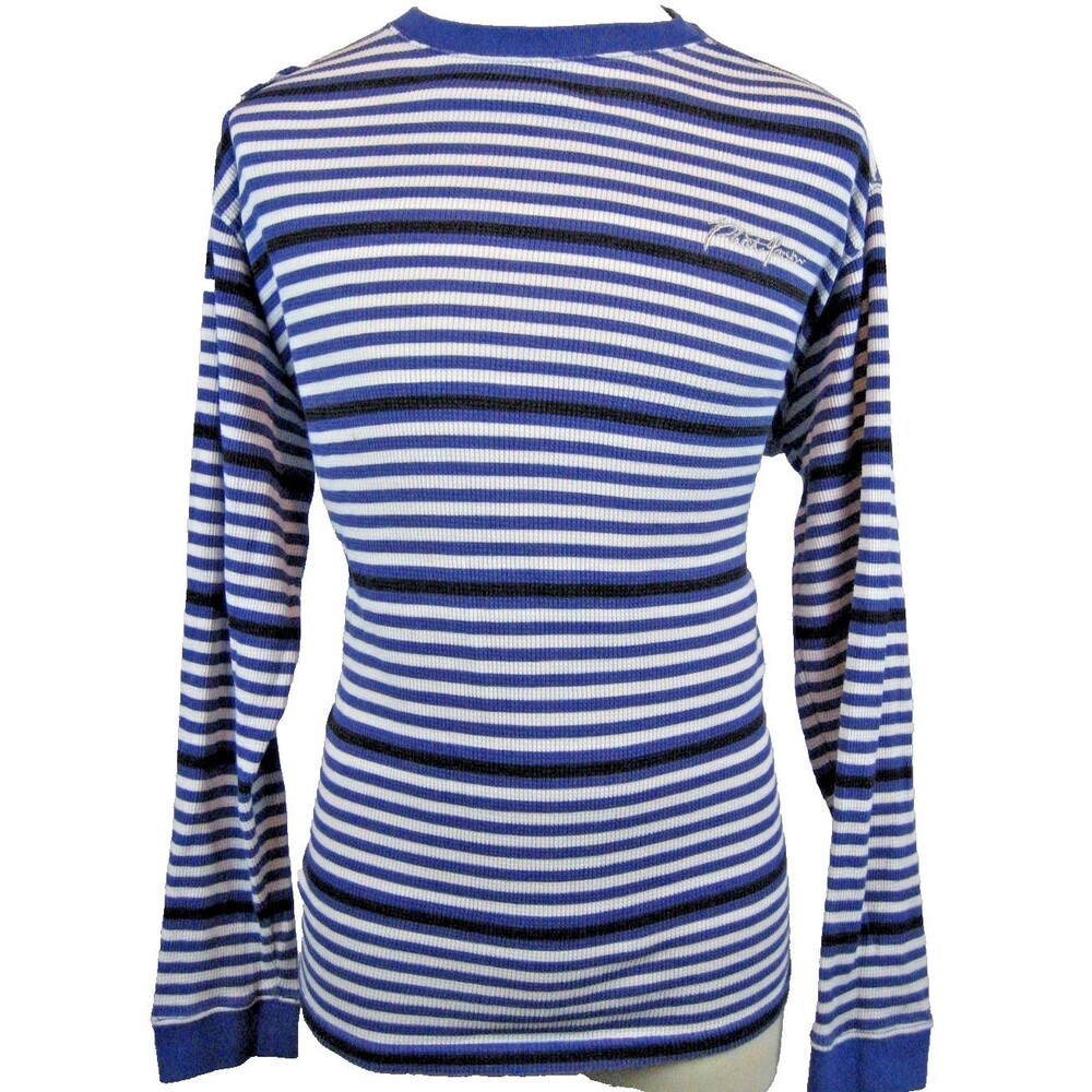 Mens Phat Farm Blue Striped Cotton Crewneck LS Polo Golf Casual Shirt sz L